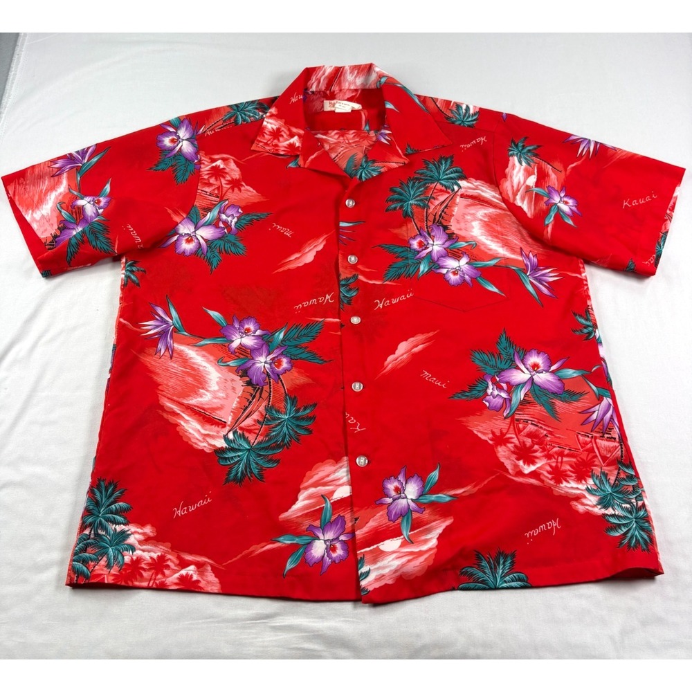 Vintage Hukilau Fashions Shirt Mens 2XL Red Floral Hawaiian Tropical Camp 60s‎